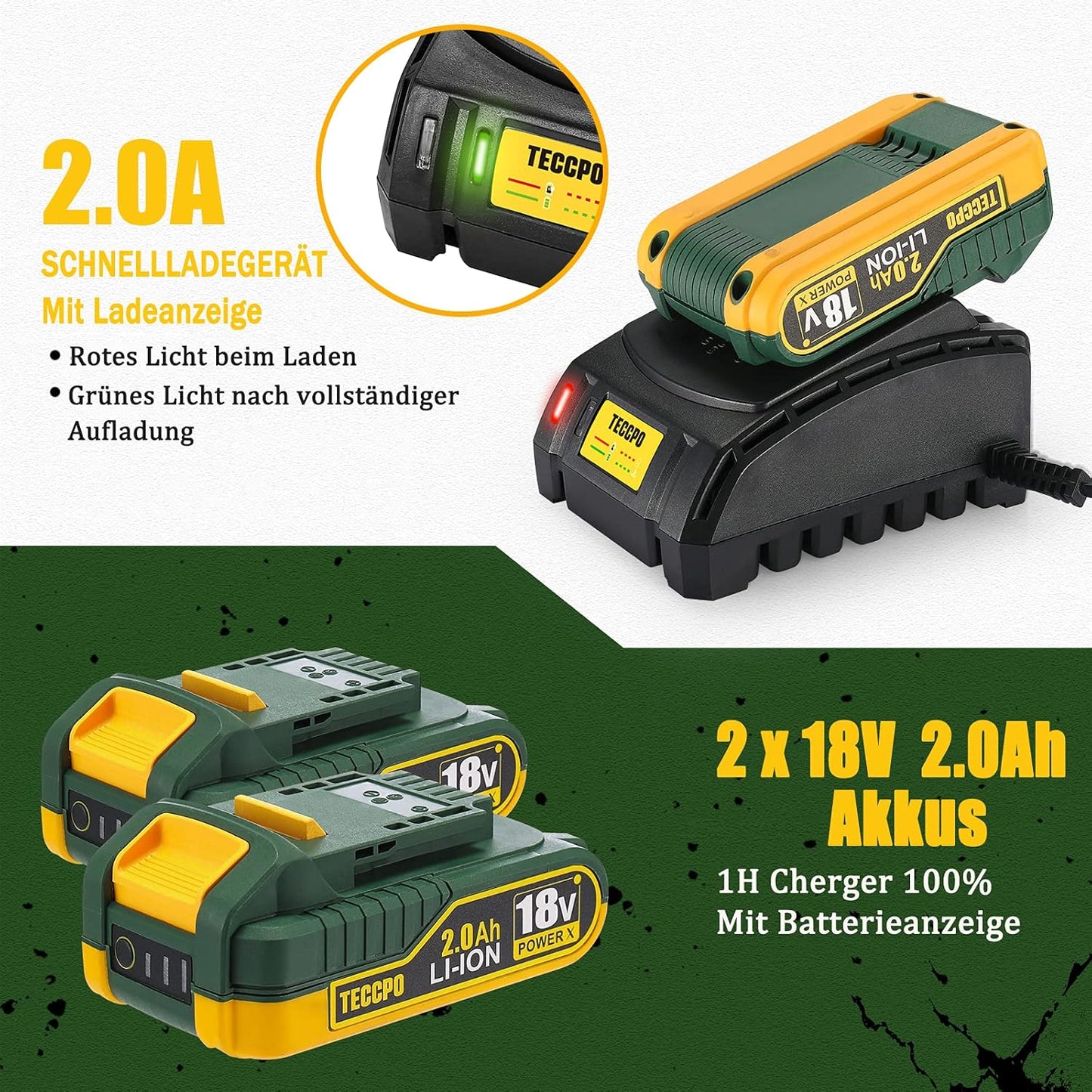 Visseuse sans fil TECCPO 18 V, 45 Nm, 2 batteries 2000 mAh et 105 accessoires, chargeur rapide, 21 + 3 niveaux de couple, 2 vitesses, mallette à outils portable - BHD700B