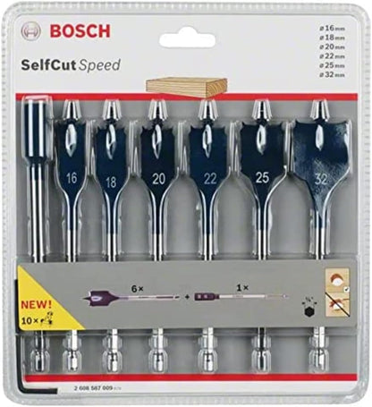 Bosch Professional Coffret de 7x Mèches plates SelfCut Speed (Bois, avec Rallonge, 1/4" Hex, Ø 16-32 mm, Accessoire Perceuse à percussion)