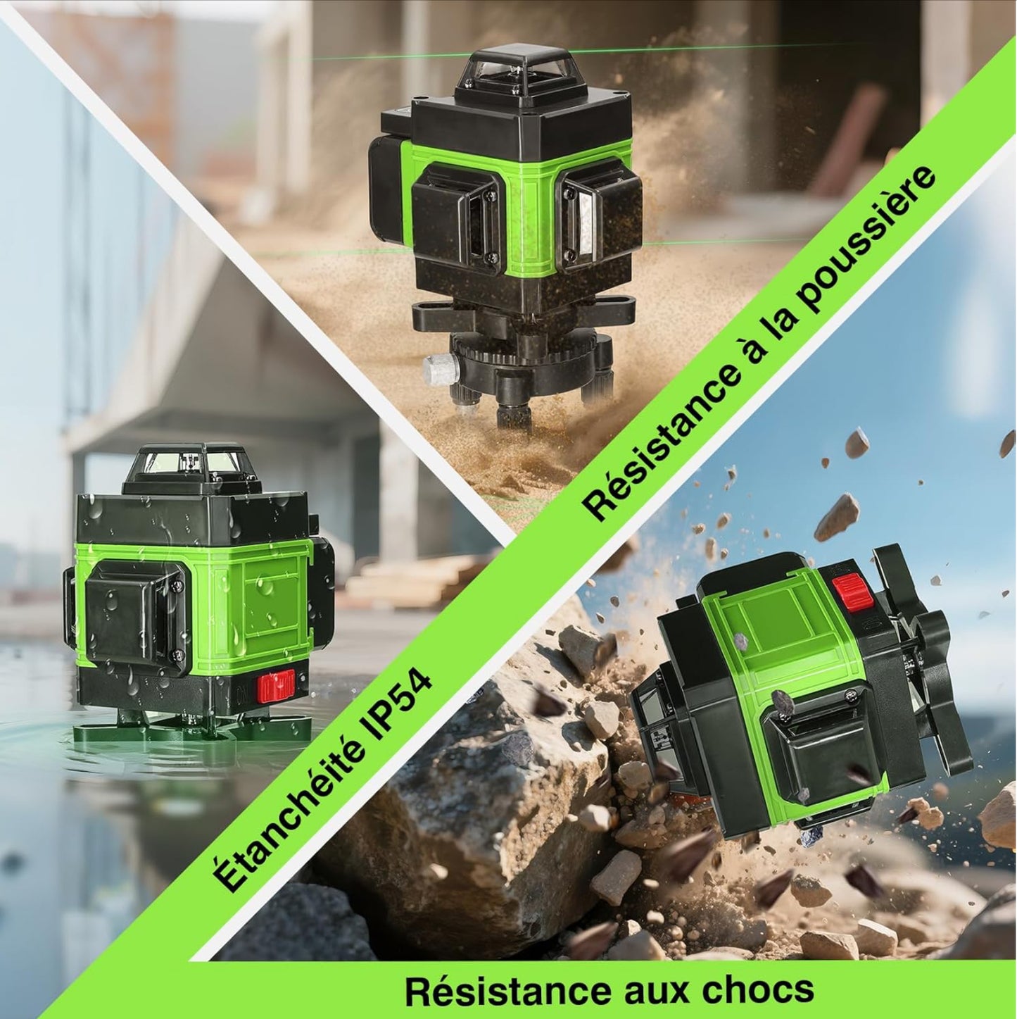 Niveau Laser 4D 16 Lignes ±3° Niveau Automatique, 2x2400 mAh Batteries Rechargeables IP54, 1.2M 3-Réglable trépied