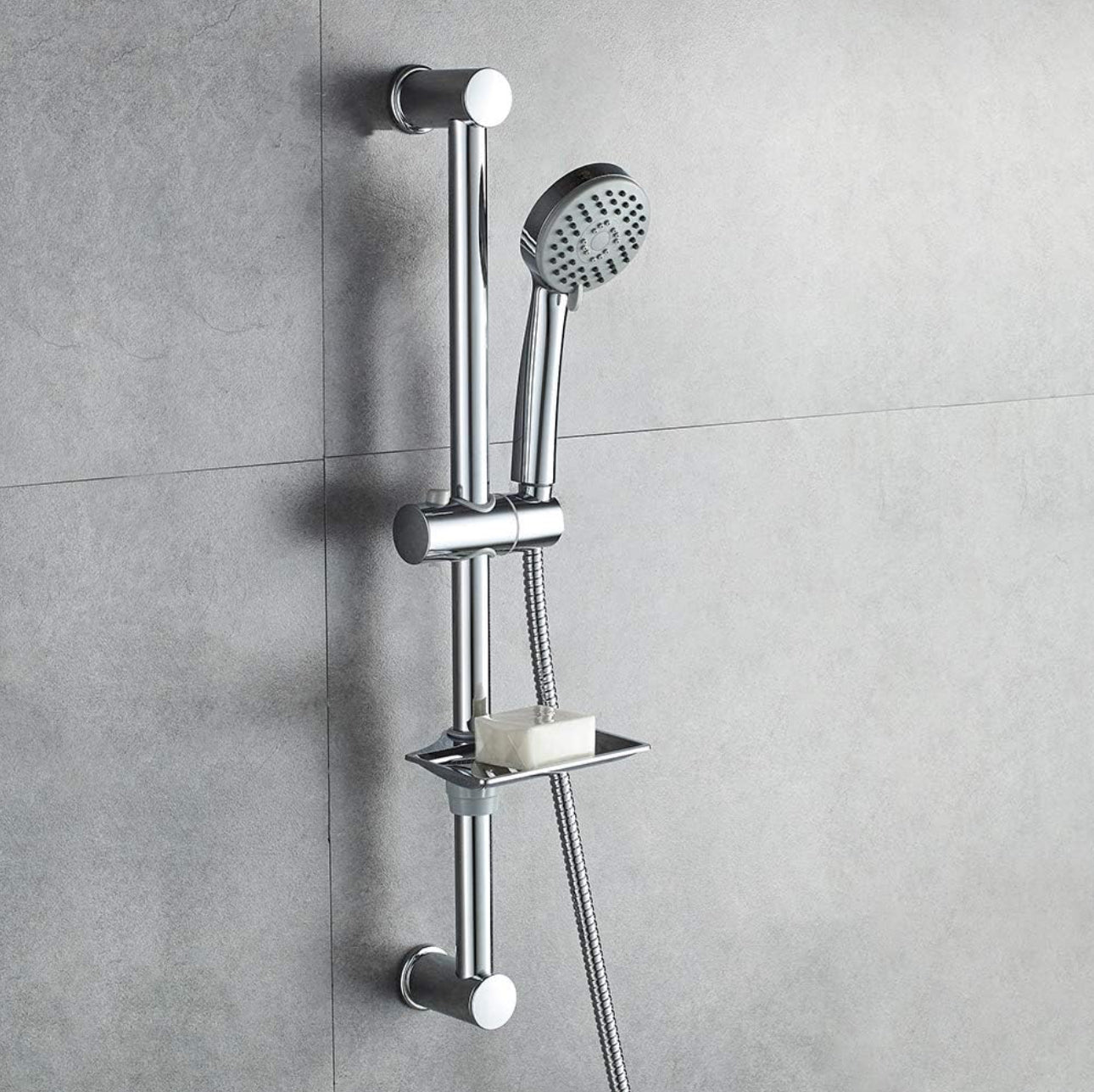Ensemble Barre de Douche 55 CM, Douchette, Flexible, Porte-Savon, Chrome, Argent