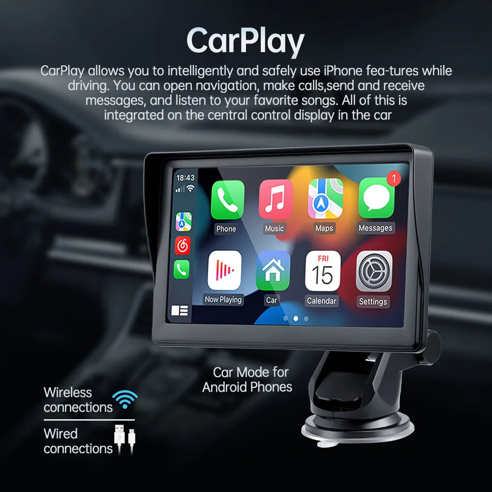 Autoradio écran multimédia Sans Fil Portable 7 Pouces Carplay androïde auto Radio Écran Tactile neuf