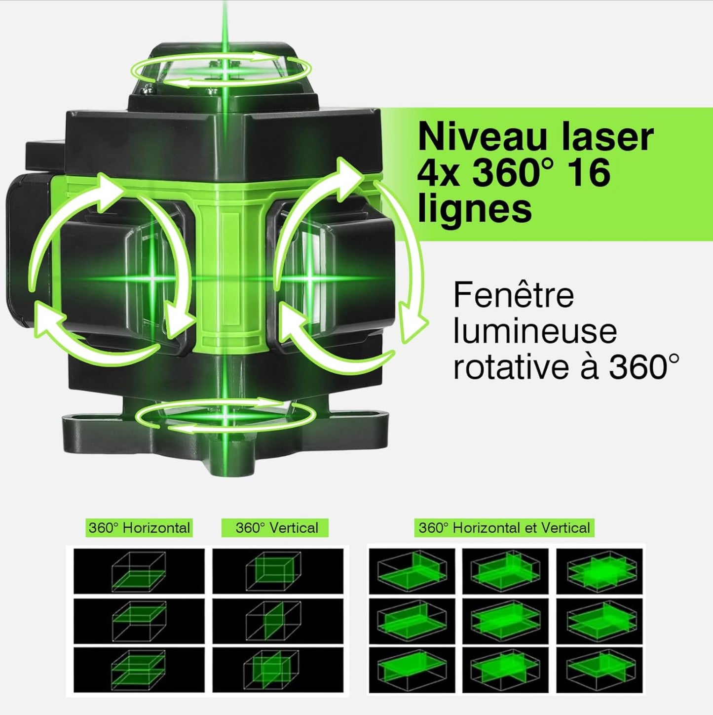 Niveau Laser 4D 16 Lignes ±3° Niveau Automatique, 2x2400 mAh Batteries Rechargeables IP54, 1.2M 3-Réglable trépied