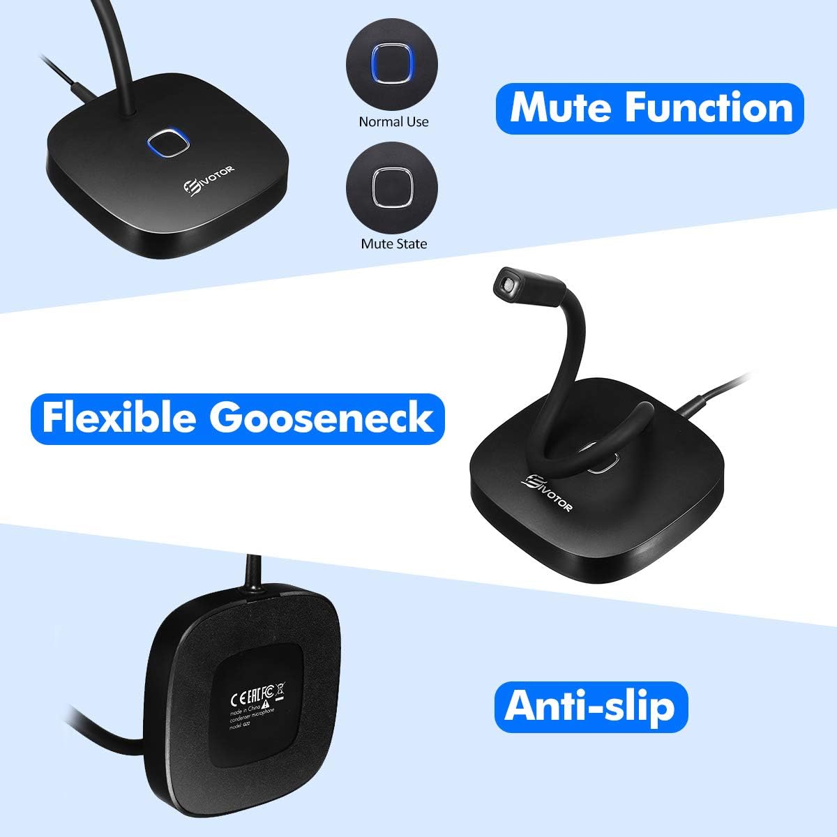 EIVOTOR Microphone PC USB Micro Computer Ordinateur Plug & Play Micro d'enregistrement avec Bouton Muet Compatible avec Mac, Windows 7/8/10, PS4 pour Discord, Youtube, Skype, Podcast, Conférence