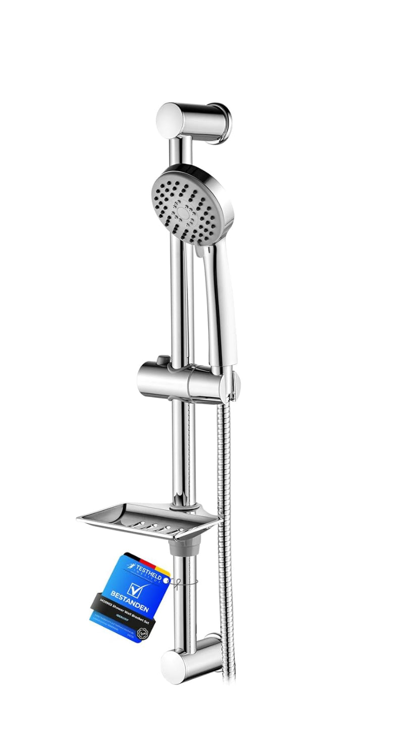 Ensemble Barre de Douche 55 CM, Douchette, Flexible, Porte-Savon, Chrome, Argent