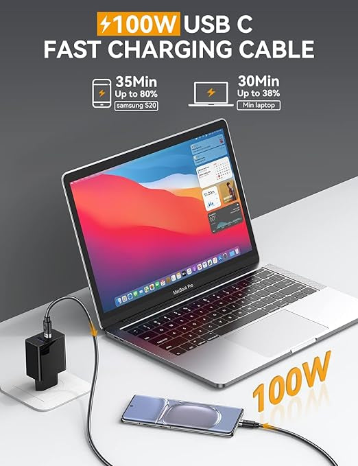 Câble USB C vers USB C 100 W, charge 20 V/5 A PD Type C - 0,6 m certifié, neuf