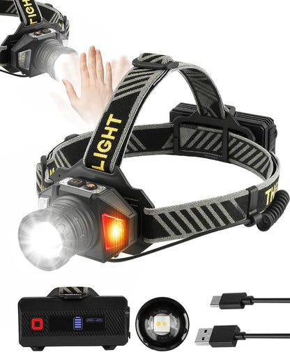 Lampe Frontale Led Ultra Puissante Rechargeable USB C avec 12 Modes d’Éclairage, Capteur & Warning Light, IPX5 Étanche, 90° Réglable Zoomable Tête Extensible pour Camping, Randonnée, Pêche et Course