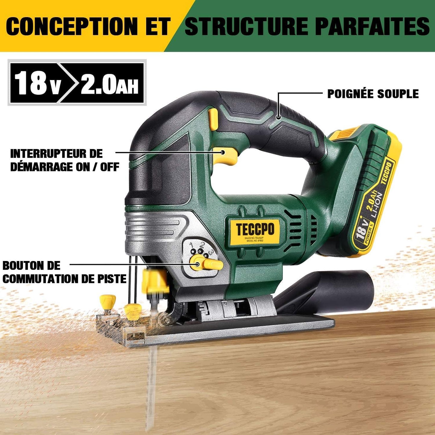 Scie Sauteuse sans Fil TECCPO 18V, 90mm dans le bois, 90mm dans PVC, 10mm dans l'acier, 2 x 2.0Ah Batteries, 2300RPM, 6 Lames, Lampe LED, 45°Angle de Coupe Max, Boîte de Transport