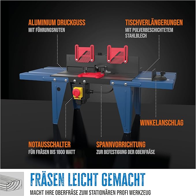 Table de fraisage supérieure Güde (en aluminium moulé sous pression avec rainures de guidage pour butée parallèle, butée d'angle, LxL : 45,4-86x33,4 cm, largeur de travail max. 20 cm, pour fraiseuses avec panier de fraisage ø jusqu'à 15,5 cm)