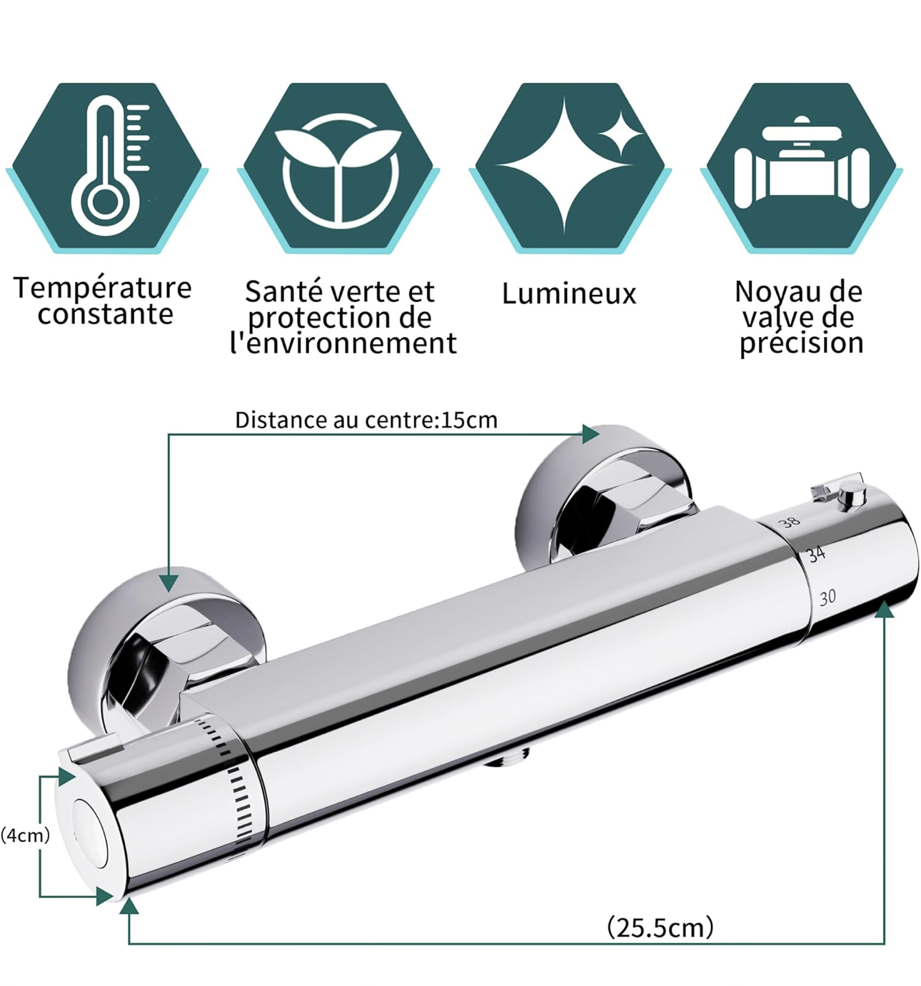 MORADO Mitigeur Thermostatique,Mitigeur de Douche Thermostatique, Robinet Baignoire avec Contrôle de Température Constant, Laiton Finition Chrome
