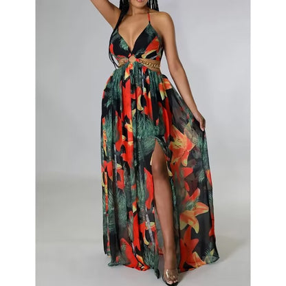 Robe "Flora-Chain" – Coupe Évasée, Dos Nu & Découpes Latérales avec Détail Chaîne
L'élégance florale sublimée par une touche d'audace