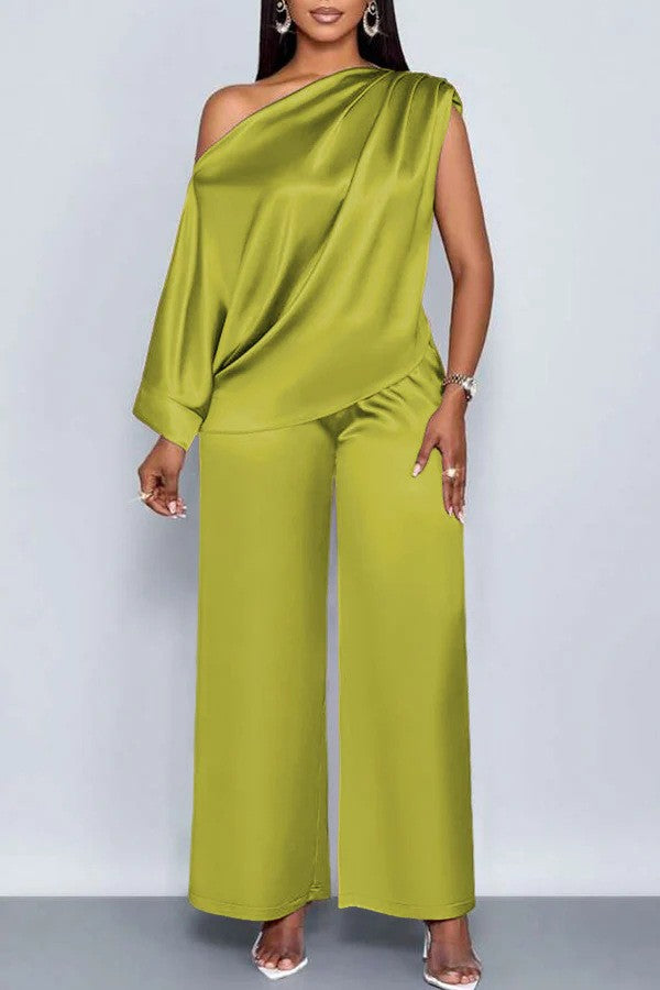 transfrontalier été décontracté Costume en satin pour femmes Col incliné Ensemble de pantalons à manches courtes