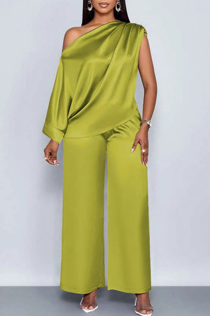 transfrontalier été décontracté Costume en satin pour femmes Col incliné Ensemble de pantalons à manches courtes