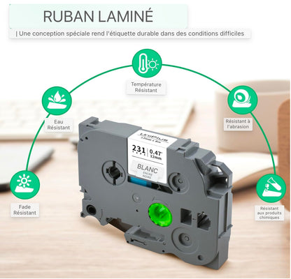 Compatible TZe-231 12mm TZe231 Ruban d'étiquettes Remplacement pour Brother TZe Ruban d'écriture Tz Tape 0,47 Noir sur blanc pour Brother P-Touch H100LB H105 H110 H107B 1010 1000 D600 E100 H200 P300BT D400