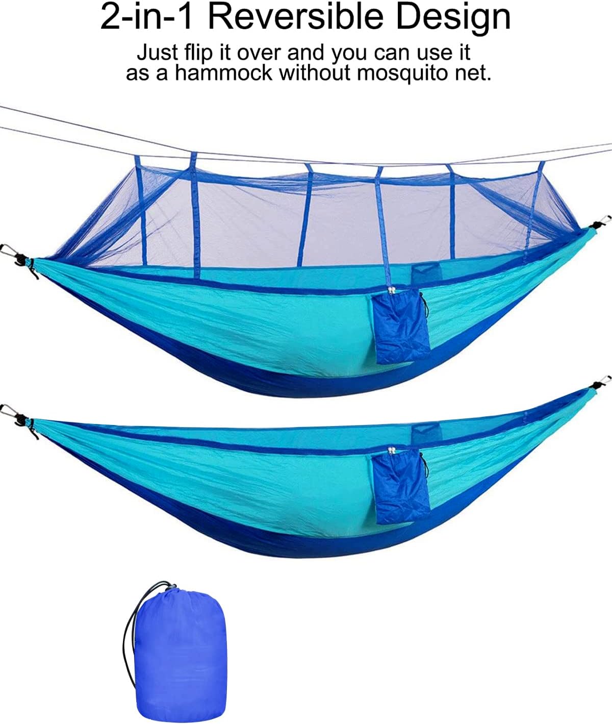 Hamac de Camping avec Moustiquaire, Ultra-léger Hamac de Voyage, 260 x 140cm, 300kg Capacité de Charge, 2 Personnes Nylon Respirante Portable Hamac pour Jardin Camping Extérieur (Bleu)