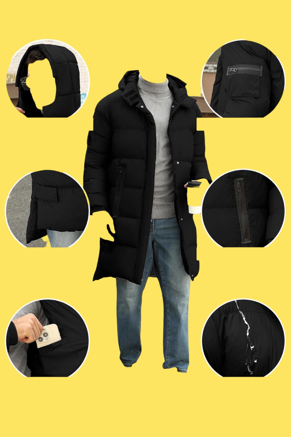 Veste Homme Hiver Épaissir Chaude Longue Parka Manteau Coupe-vent Matelassé Vestes Décontractée Zippé l'extérieur Blouson à Capuche avec Poches