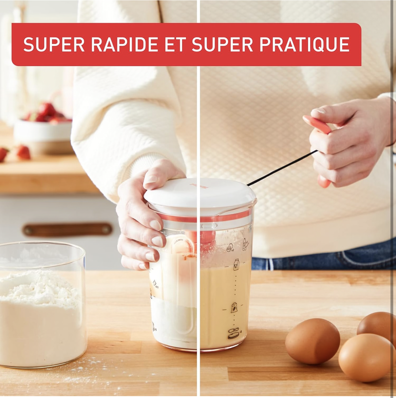 Tefal Crêpes Express Batteur intelligent, 900 ml, Gaufres Crêpes Pancakes en 2 minutes, Pâte sans grumeaux, Fait maison, Résultats parfaits, Facile à utiliser, 3 recettes graduées intégrées K1844404