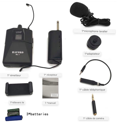 Microphone Lavalier sans fil Caméra sans fil Microphone Lavalier sans fil Compatible pour DSLR Smartphone Caméra pour enregistrement vidéo Programme Hébergement Enseignement et entretien 48 canaux UHF