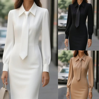 Robe "Executive-Chic" – Coupe Midi Trapèze, Col Chemise & Cravate Intégrée