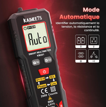 Multimètre Numérique, Multimètre Auto, Mesure Intelligente, Multimètre Professionnel, Testeur Electrique, Voltmetre, Mesure de Tension CA/CC, Résistance, Continuité et Séquence de Phase
