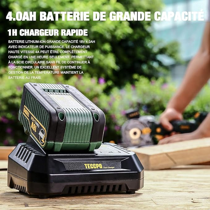 Scie Circulaire sans Fil TECCPO, 18V 4.0Ah Batterie, 4.0A Chargeur Rapide, Guide de Laser, Boîte de Transport, Vitesse 3,100 RPM, 3 Lames Ø 89mm, Convient à la Coupe du Bois, du Métal, des Carreaux