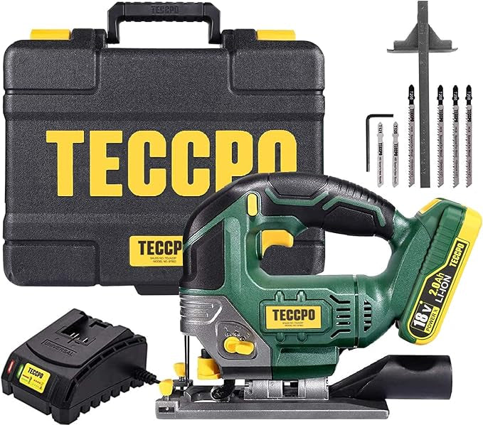 Scie Sauteuse sans Fil TECCPO 18V, 90mm dans le bois, 90mm dans PVC, 10mm dans l'acier, 2 x 2.0Ah Batteries, 2300RPM, 6 Lames, Lampe LED, 45°Angle de Coupe Max, Boîte de Transport