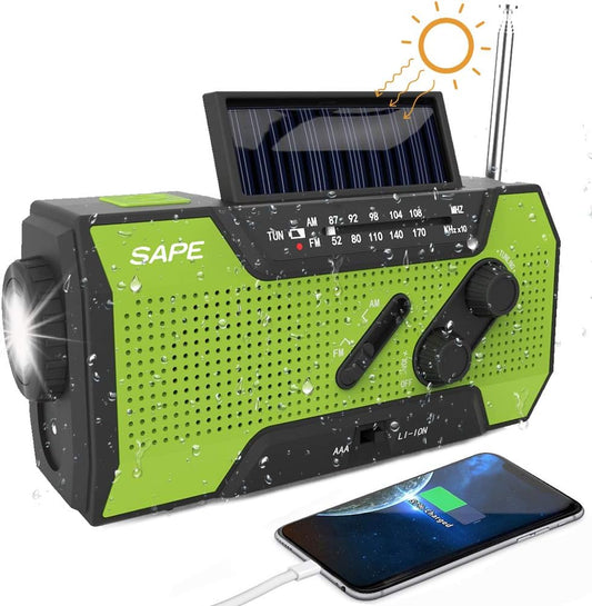 Radio solaire, radio d'urgence portable avec manivelle, batterie externe dynamo rechargeable 8000mAh, radio de chantier météo AM/FM, lampe de poche LED, lampe de lecture, SOS, boussole Camping en plein air