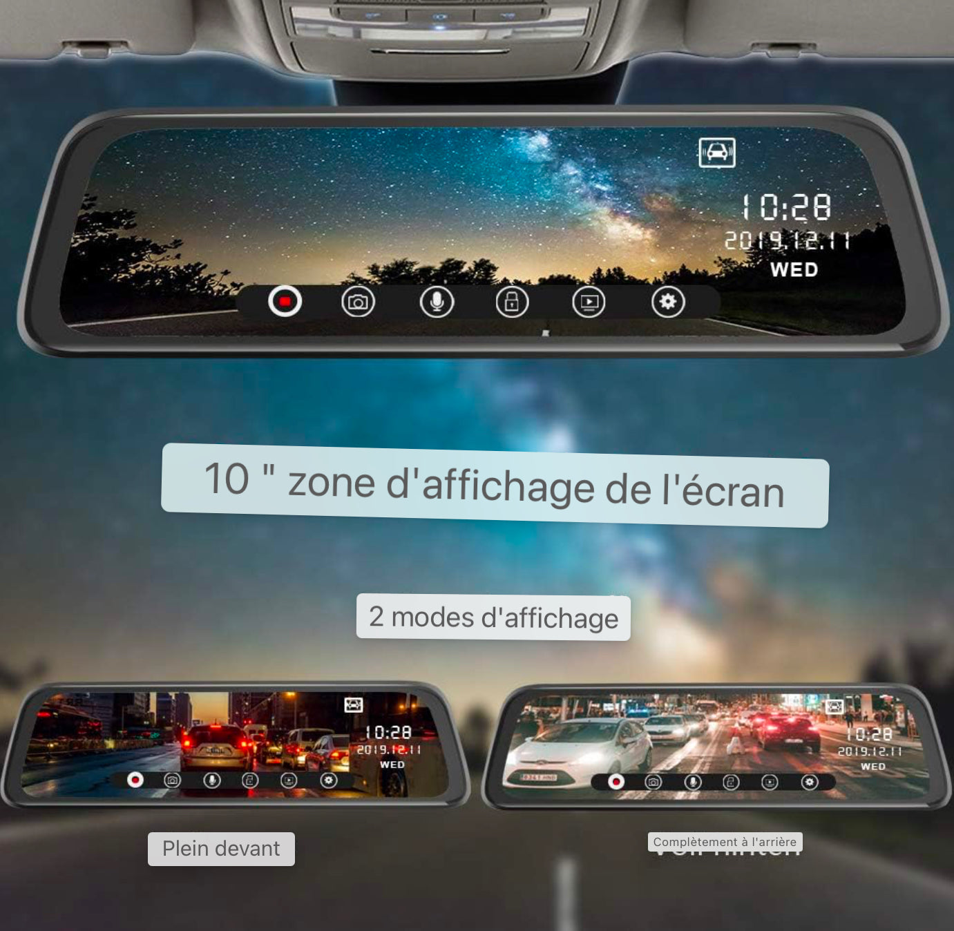 AWESAFE Rétroviseur Dashcam 1080P 10 pouces Caméra de voiture avant et arrière avec 170 degrés grand angle WDR Vision nocturne Enregistrement en boucle Capteur G Détection de mouvement Mode de stationnement