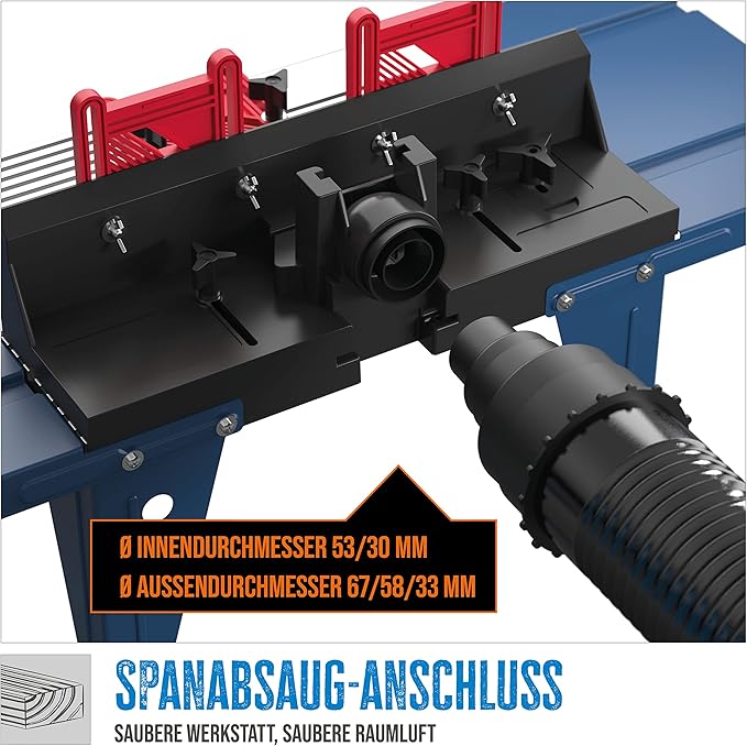 Table de fraisage supérieure Güde (en aluminium moulé sous pression avec rainures de guidage pour butée parallèle, butée d'angle, LxL : 45,4-86x33,4 cm, largeur de travail max. 20 cm, pour fraiseuses avec panier de fraisage ø jusqu'à 15,5 cm)