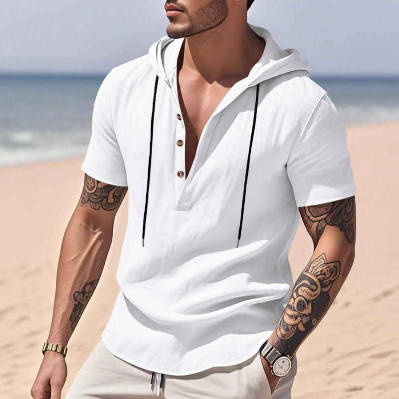 Chemise Henley "Breeze-Hood" – Lin Respirant, Manches Courtes & Capuche Ajustabl