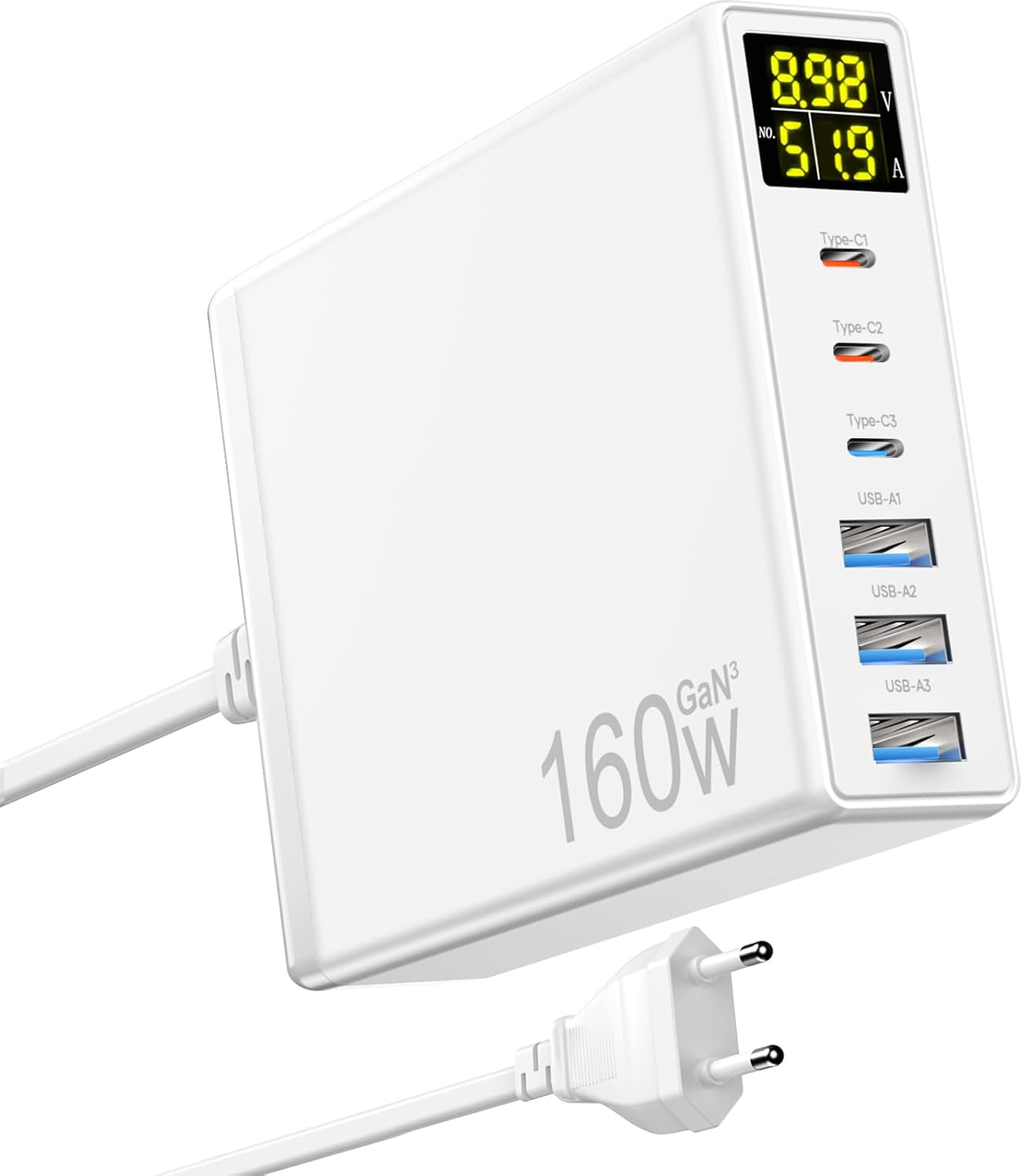 Chargeur Rapide USB C, 160W GaN 6-Port avec LED Display, Chargeur Secteur Multiple avec 3 USB-C et 3 USB-A PPS PD 3.0 für Macbook Pro/Air Laptop iPhone iPad Samsung