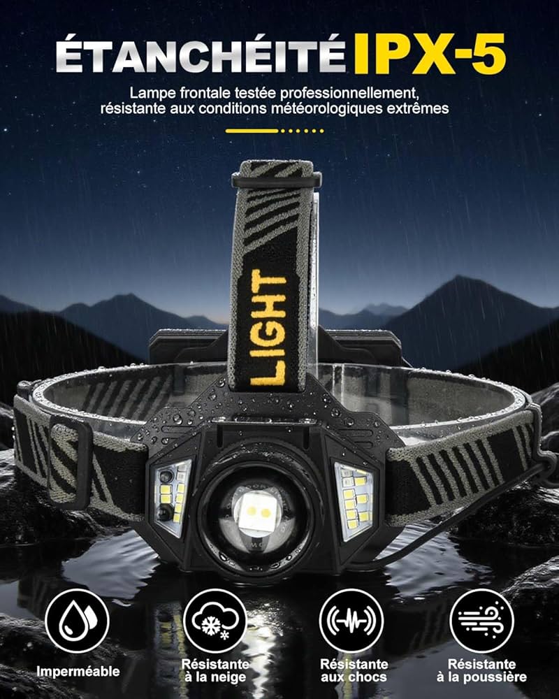 Lampe Frontale Led Ultra Puissante Rechargeable USB C avec 12 Modes d’Éclairage, Capteur & Warning Light, IPX5 Étanche, 90° Réglable Zoomable Tête Extensible pour Camping, Randonnée, Pêche et Course