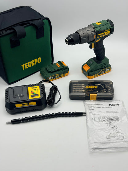 TECCPO Perceuse Visseuse sans Fil Brushless, 18V Perceuse a Percussion(60Nm), 30min Rapide Chargeur, 2×2.0Ah Batteries, 13mm Mandrin, 2 Vitesses (0-550/2000 tr/min), 35pcs Gratuit Accesoires-TDHD02P