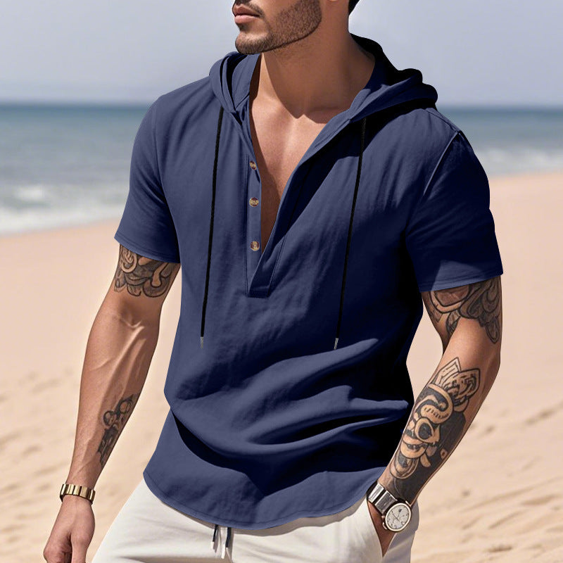 Chemise Henley "Breeze-Hood" – Lin Respirant, Manches Courtes & Capuche Ajustabl