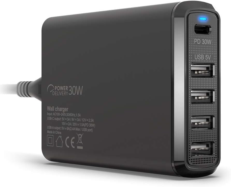 Omars Chargeur Secteur USB 60W Total avec 5 Sortie, 1xUSB-C PD 30W et 4xUSB-A 5V 2.4A Chaque, Chargeur Mural Adaptateur Prise Compatible avec MacBook Switch MateBook iPad Pro iPhone 11 XS Max XS XR X