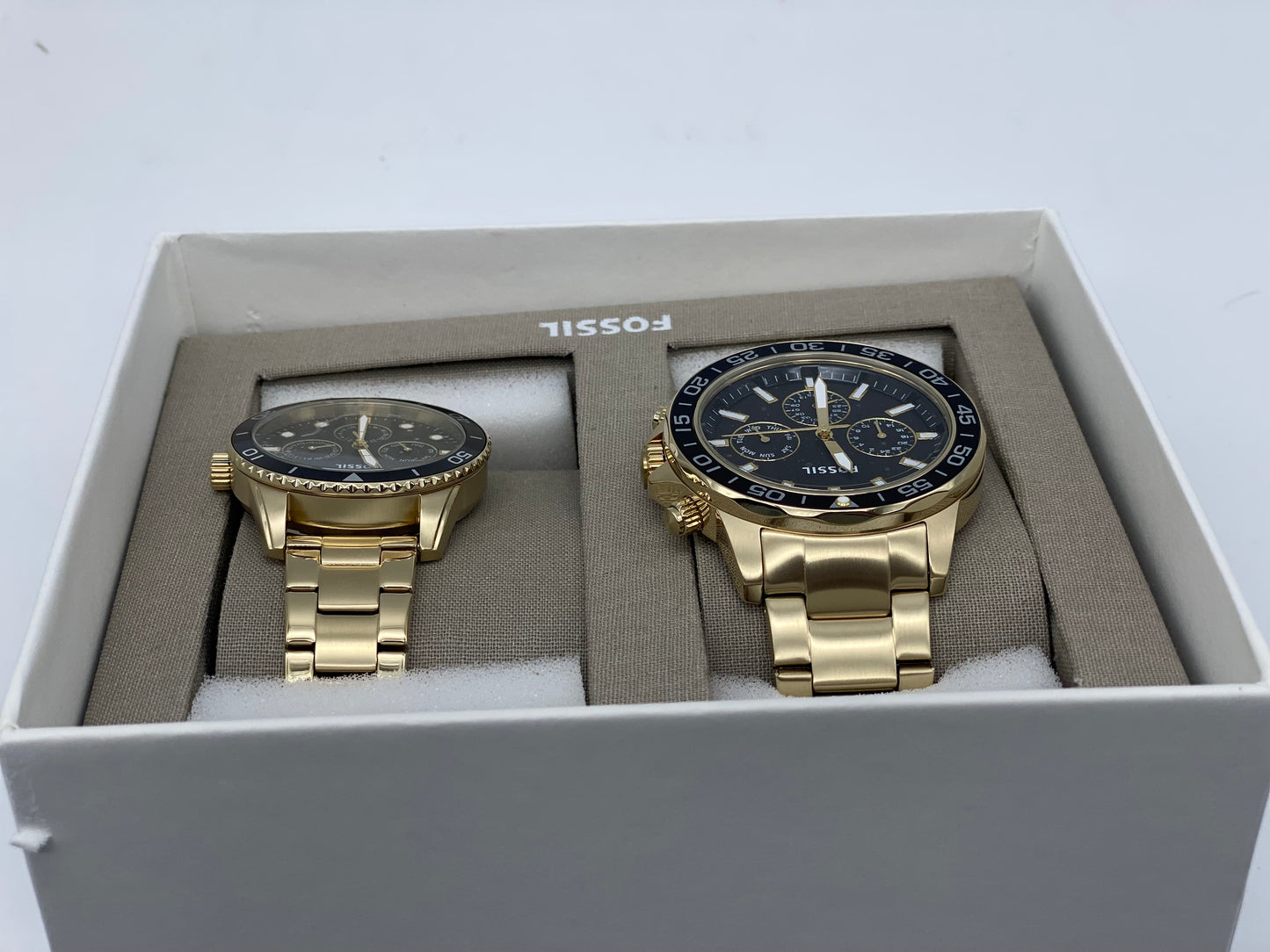 Coffret Montre Fossil Homme & Femme Acier Inoxydable Dorée Multifonctions Neuves