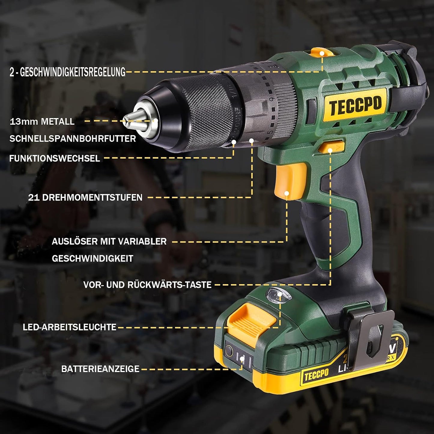 Visseuse sans fil TECCPO 18 V, 45 Nm, 2 batteries 2000 mAh et 105 accessoires, chargeur rapide, 21 + 3 niveaux de couple, 2 vitesses, mallette à outils portable - BHD700B