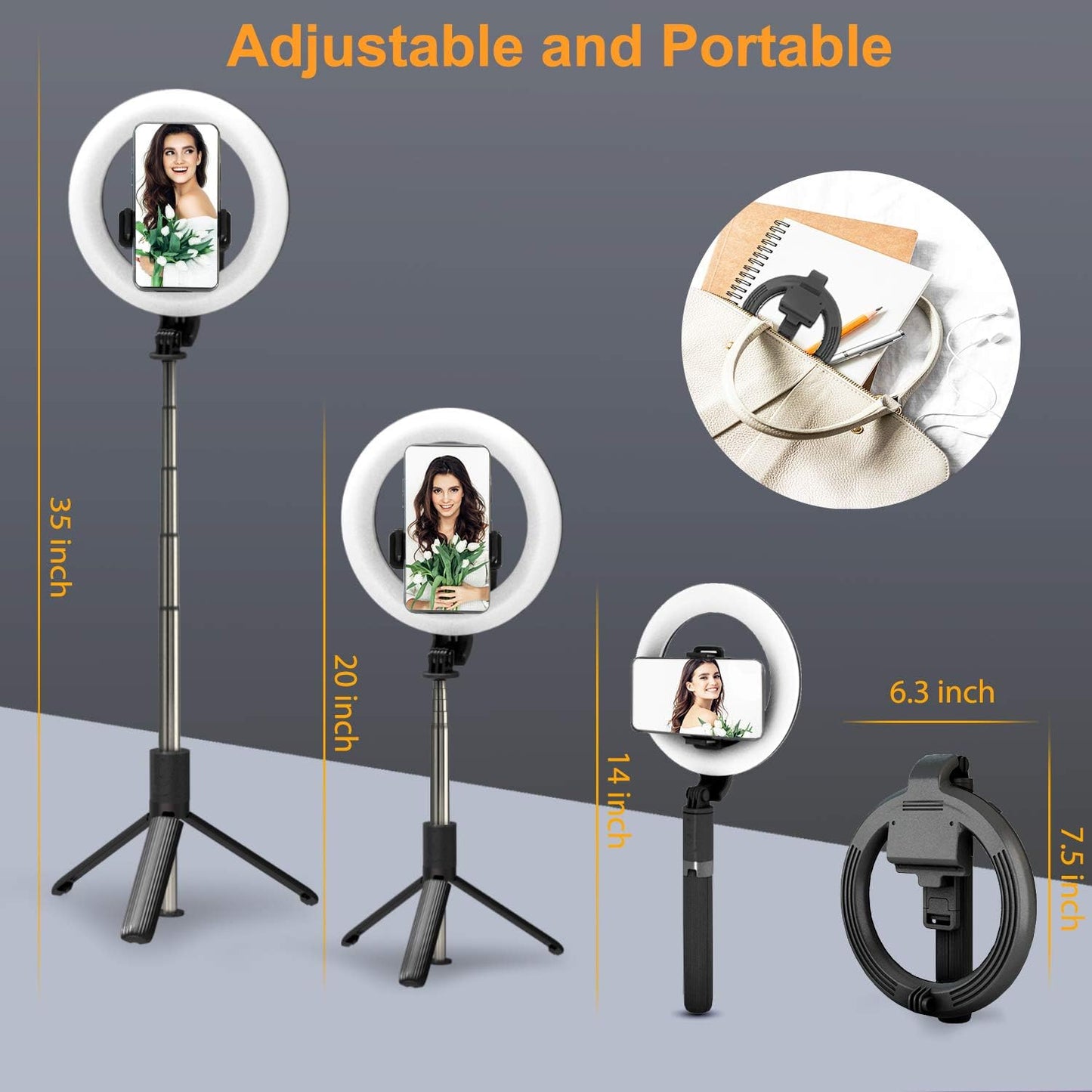 Perche a Selfie [avec Selfie Ring Light], 35.4'' Aluminium Extensible Selfie Stick 360° Rotation avec Bluetooth, Monopode Rechargeable Selfie Anneau Lumineux Compatible pour iPhone/Huawei/Gopro