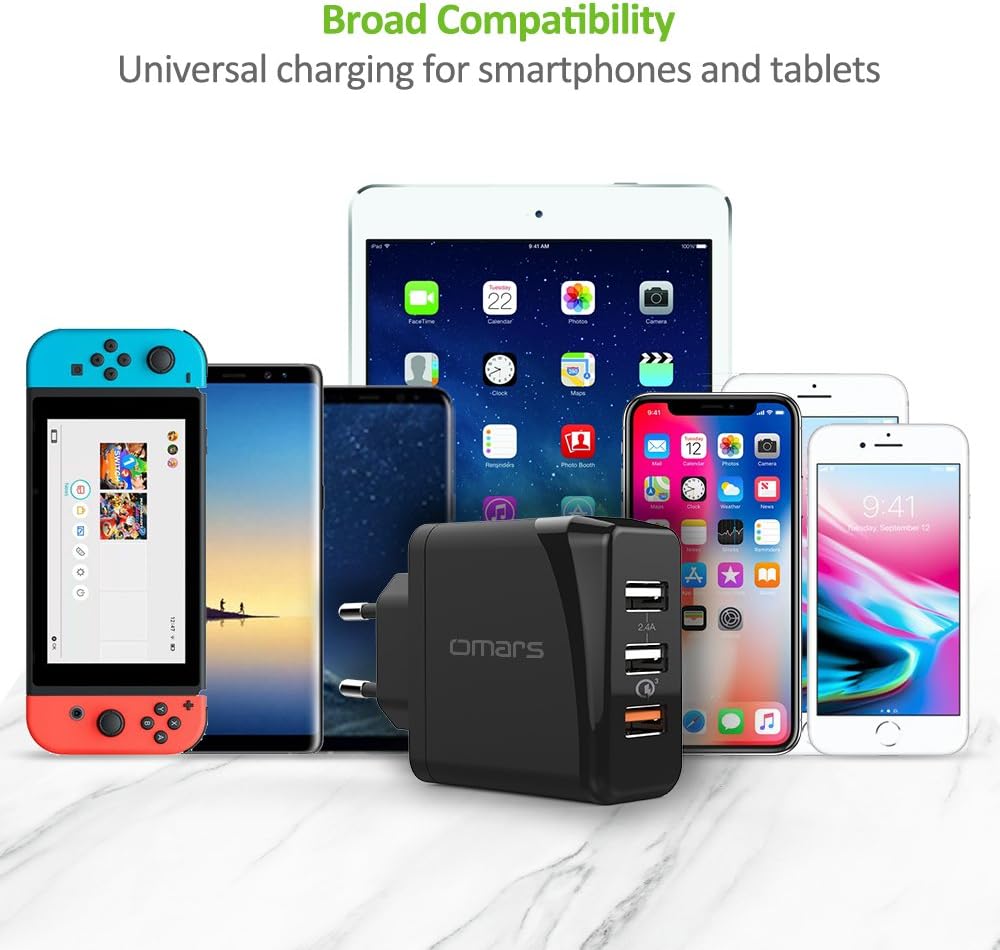 Omars Chargeur USB Secteur 30W, 1 x USB Quick Charge 3.0 & 2 x USB 5V 2.4A Total, Chargeur Mural Universel pour Samsung Galaxy S8 S8+ Note 8, HTC 10, LG G5 G6 Charge Rapide, iPhone X 8 8 Plus (Noir)