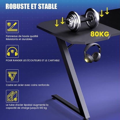 Bureau Gaming 120 x 60 cm, Bureau Gamer avec Tapis de Souris, Table Gaming PC en Fibre de Carbone avec Crochet pour Casque, Noir (Noir)