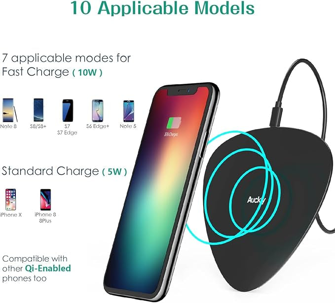 Chargeur sans fil rapide, Auckly 10W Qi Pad chargeur sans fil avec Tapis Anti-dérapant pour iPhone X/8/ 8 Plus, Samsung Galaxy S9 / S9+ / S8/ S8+/ S7 / S7 edge / S6 edge+ et autres Compatibles Qi - Noir
