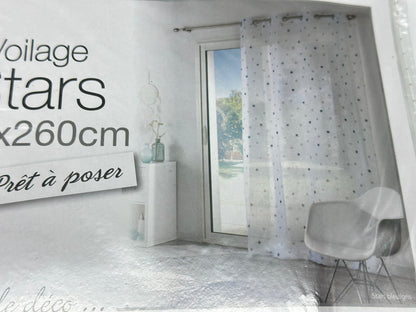 Voilage tamisant, Stars bleu et blanc l.135 x H.260 cm