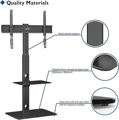 Support TV sur Pied pour 30-70 Pouces Montage au Sol Téléviseurs Incurvés Plats LED OLED LCD jusqu'à 40 kg, Pivotant Hauteur Réglable avec 2 Etagères, Max VESA 600x400 mm