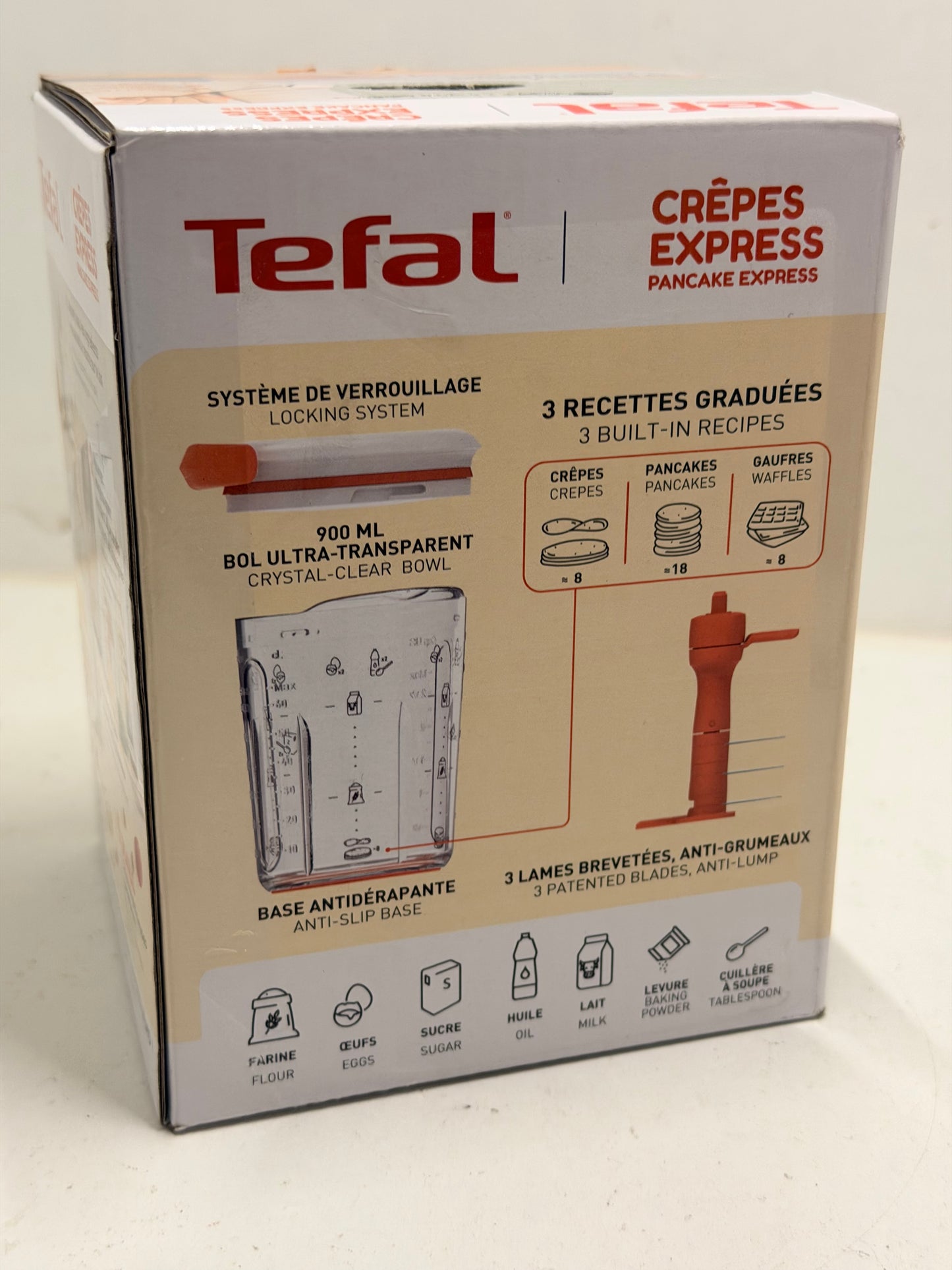 Tefal Crêpes Express Batteur intelligent, 900 ml, Gaufres Crêpes Pancakes en 2 minutes, Pâte sans grumeaux, Fait maison, Résultats parfaits, Facile à utiliser, 3 recettes graduées intégrées K1844404