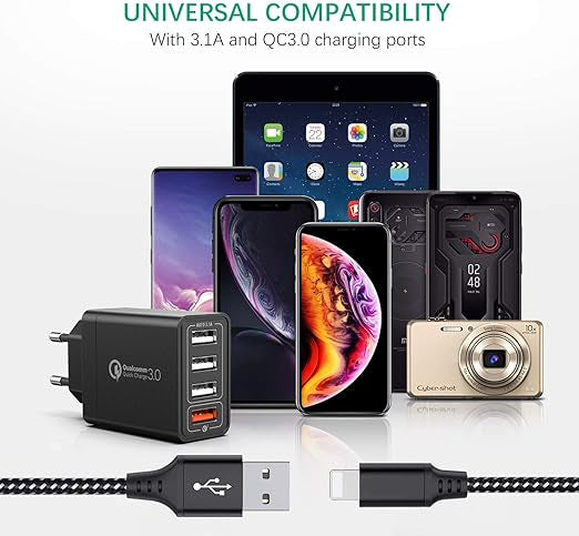 Quick Charge 3.0 Chargeur Secteur USB Câble USB CQC 3.0 30W/6A 4 Ports Neuf