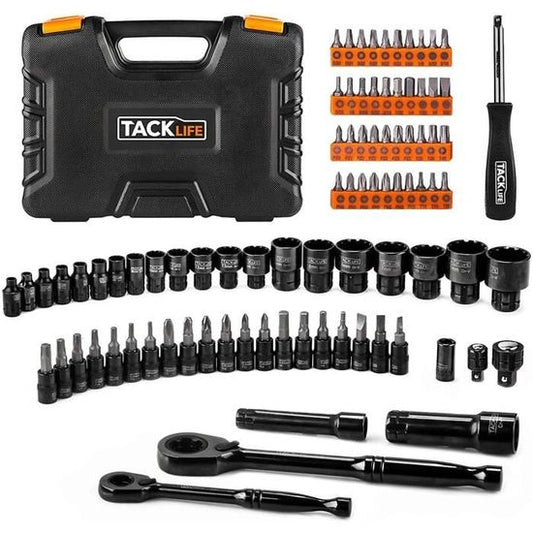 88 Pcs Jeu de douilles TACKLIFE, Clés à Douille 12 pans, Cliquets 72 dents, Adaptateur 1/4" et 3/8", Barre d'extension - SWS2A