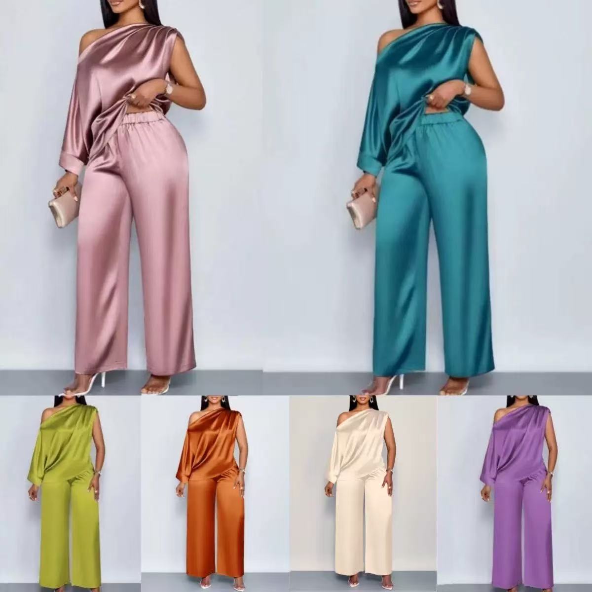 transfrontalier été décontracté Costume en satin pour femmes Col incliné Ensemble de pantalons à manches courtes
