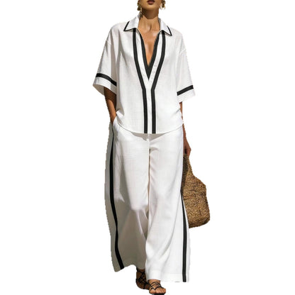 Ensemble "City-Chic" – Duo Haut Color-Block & Pantalon Palazzo à Jambes Larges