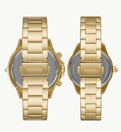 Coffret Montre Fossil Homme & Femme Acier Inoxydable Dorée Multifonctions Neuves