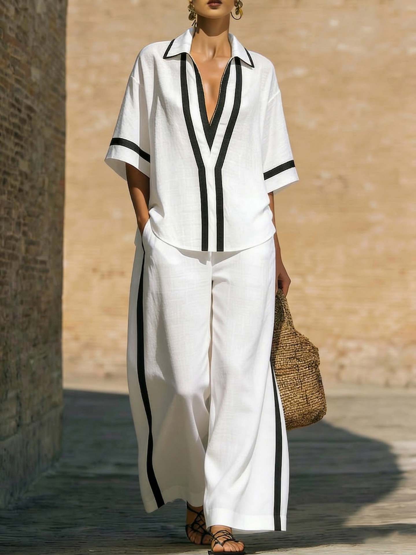 Ensemble "City-Chic" – Duo Haut Color-Block & Pantalon Palazzo à Jambes Larges