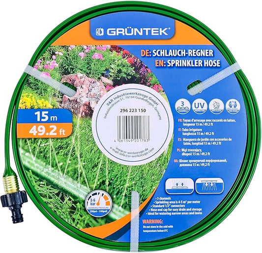 GRÜNTEK Tuyau Asperseur d'Arrosage Jardin perforé Arroseur à Pulvérisation fine pour Jardin et Gazon étroits et longs. Tuyau de 15 m
